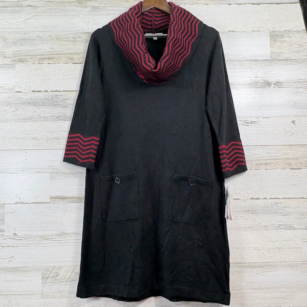Studio One Sweater Dress Womens 1X‎ Black New Chevron Cowl Neck Knit Indie Boho